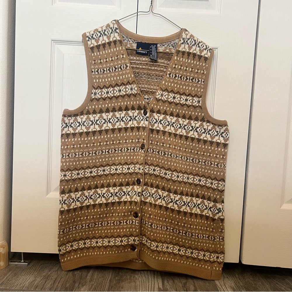 Vintage Liz Sport Fair Isle Knit Sweater Vest Button Down Winter Women’s M